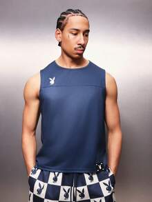 PLAYBOY X SUMWON Logo Regular Fit Tank Top With Back Text Detail Sleeveless Crew Neck Summer Casual Streetwear - Blue - View 4