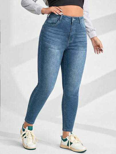 Plus Size Vintage Blue Slim Fit Mid-Waist Casual Versatile Jeans