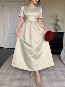 DAZY 女士圆领泡泡袖优雅连衣裙 - 杏色 - 查看 4