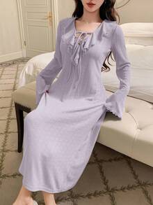 DAZY Lace Patchwork Ruffle Hem Waist Cinched Long Sleeve Dress, Spring/Autumn Women Loungewear - Purple - View 1
