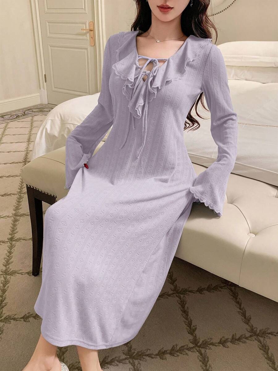 DAZY Lace Patchwork Ruffle Hem Waist Cinched Long Sleeve Dress, Spring/Autumn Women Loungewear - Purple - View 1