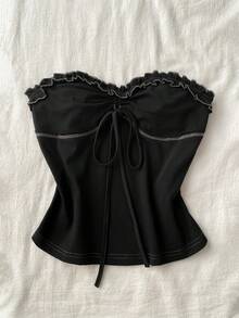 Attitoon 女士休闲复古紧身抹胸上衣，撞色设计，胸前褶皱，适合女士夏季日常穿着 - 黑色 - 查看 7