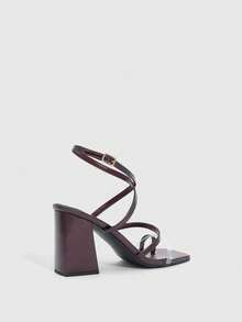 CUCCOO SZL Wine Red PU Toe-Ring Buckle Strap Fashionable Square Toe Chunky Heel Sandals For Commuting - Burgundy - View 3
