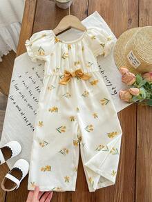 SHEIN Baby Girl Floral Print Petal Sleeve Bow Front Jumpsuit - Yellow - View 1