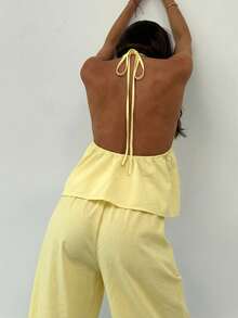 Aloruh 女士夏季休闲度假纯色露背吊带上衣和阔腿裤两件套 - 黃色 - 查看 2