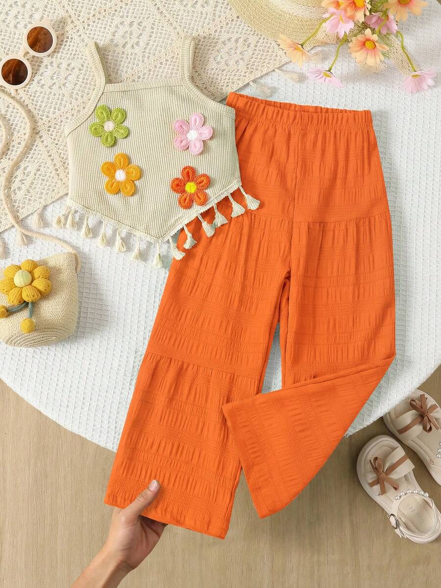 SHEIN Genkimix Kids 2件套女童夏季创意3D刺绣装饰吊带背心（不对称下摆）和休闲裤套装 - 橘色 - 查看 1