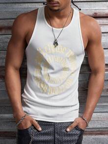 AXEPEAK Men's Letter Print Round Neck Casual Fashion Tank Top, Summer - White - View 5