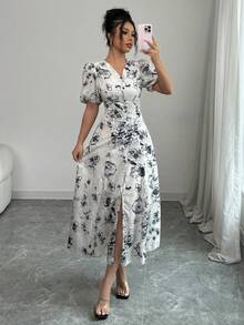 Modelyn Women's Woven Double Layer Printed Short Sleeve Midi Dress - Multicolor - View 3