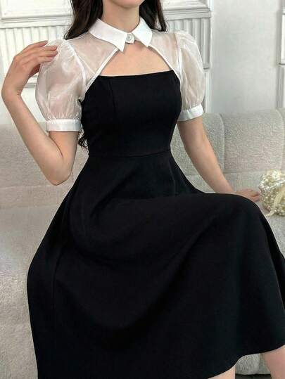 SHEIN Teen Girls Puff Sleeve Collared Patchwork A-Line Dress, Elegant For Party