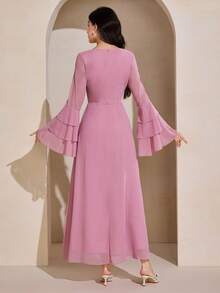Graceveil 女士多层荷叶边下摆长袖腰部喇叭形阿拉伯风格连衣裙 - 粉色 - 查看 7