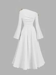 SHEIN MOD Đầm midi màu mơ lệch vai cho nữ, đầm một vai thanh lịch, mùa thu/đông, trang phục mùa thu cho nữ, đầm dự tiệc Lễ Tạ ơn, đầm dự tiệc năm mới, đầm dự tiệc, đầm thanh lịch cho quý cô, đầm mùa thu sang trọng, đầm Giáng sinh - trắng - Xem 2