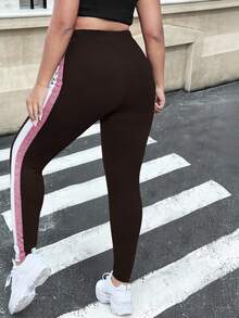 SHEIN EZwear Plus Size Chocolate Brown Contrast Color High Waist Leggings Brown Leggings Athletic Leggings Striped Leggings Brown Bottoms Women Women's Leggings - Chocolate Brown - View 2