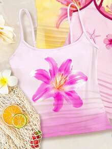 3件套 Dopamine Vacation 彩色热带花卉印花少女修身休闲运动吊带背心套装，基础款三件套，适合春夏日常、度假、海滩穿着 - 彩色 - 查看 5