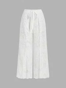 SHEIN MOD 女士纯色蕾丝拼接打结优雅阔腿裤 - 白色 - 查看 8