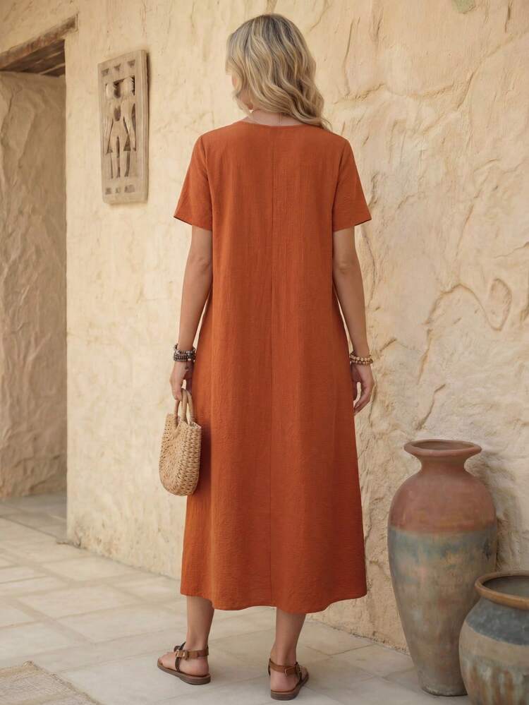 Summer Casual Solid Color Double Pocket Short Sleeve Dress