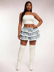 SHEIN SXY 大码撞色荷叶边松紧腰抽绳休闲半身裙 - 灰色 - 查看 5