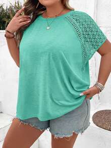SHEIN CURVE+ Plus Size Color Block Lace Splicing Short Sleeve T-Shirt, Suitable For Beach Vacation In Summer Boho Vacation - Green - View 7
