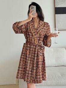 DAZY Plaid Happy Dog Print Contrast Trim Shawl Neck Mid-Length Women Robe - Orange - View 7