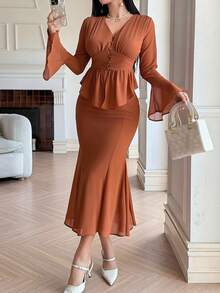 DAZY Elegant & Chic Bell Sleeve Top And Skirt 2 Pieces Set For Women - Coral Orange - View 6