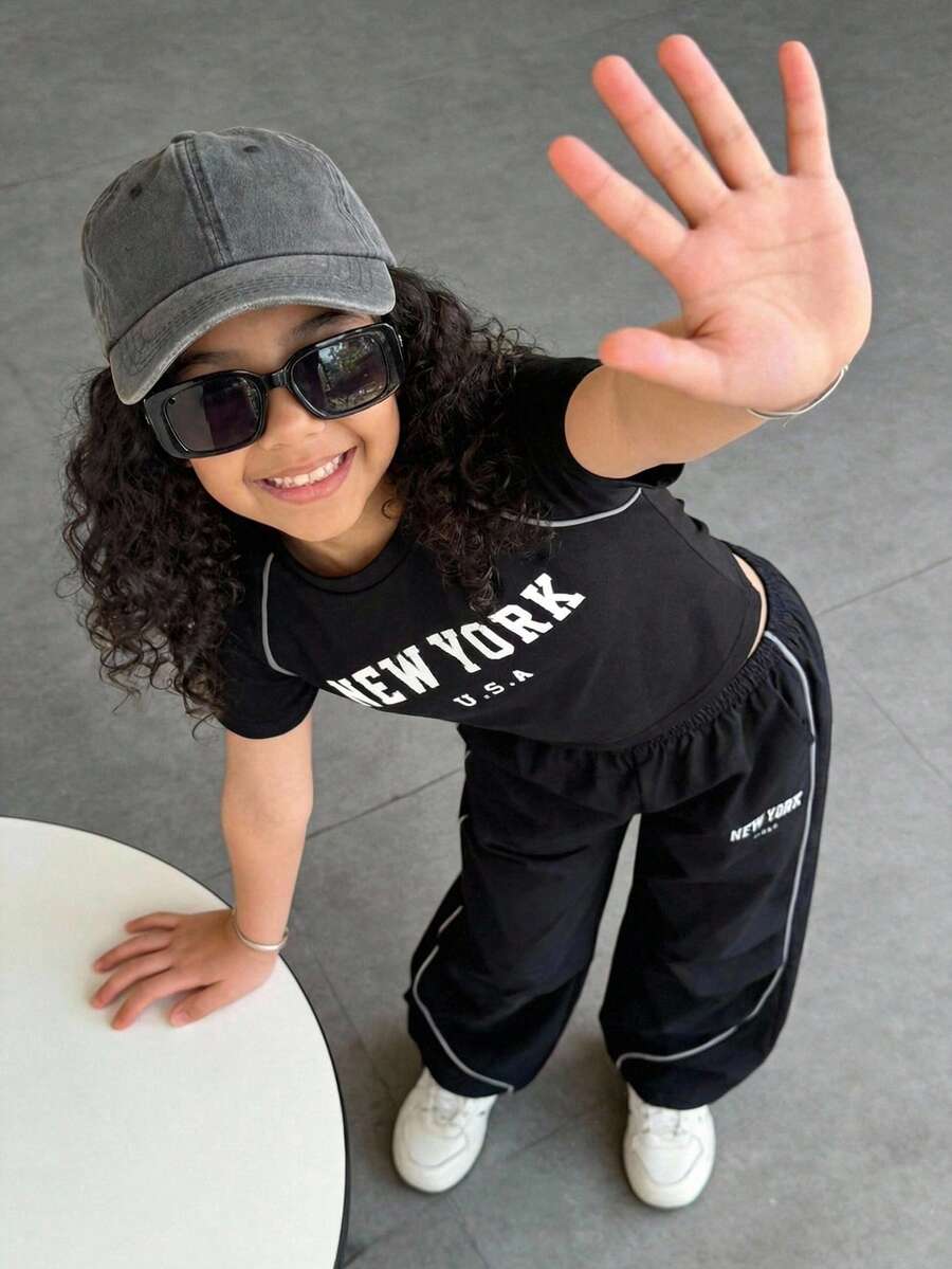 SHEIN 少女星形印花上衣和多口袋工装裤两件套