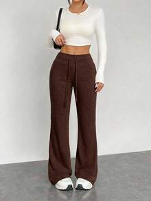 EURMUSE Drawstring Waist Flare Leg Sweatpants - Brown - View 4