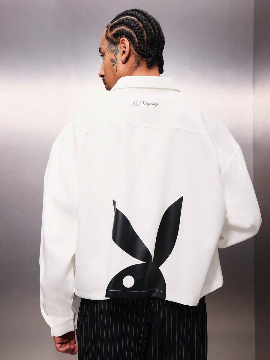 PLAYBOY X SUMWON 短款长袖Logo纽扣衬衫，经典领口，必备休闲街头风上衣 - 白色 - 查看 1