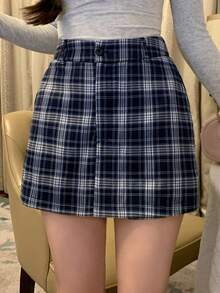DAZY 女士格子休闲/办公通勤迷你裙短裤，春夏款 - 藏蓝色 - 查看 9