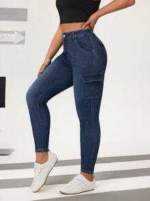 Flexra Jeans casuales y versátiles de cintura alta con bolsillos cargo para mujer - Azul lavado medio - Ver 3