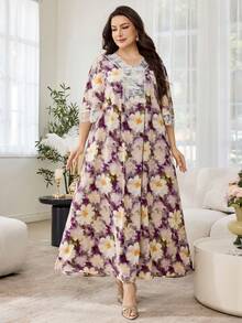 SHEIN Najma 浪漫优雅V领蕾丝边中长款喇叭袖连衣裙，春夏款 - 彩色 - 查看 4