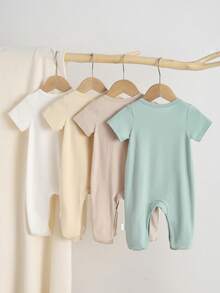 SHEIN Bộ áo liền quần 4 món cho bé sơ sinh, chất liệu cotton nguyên chất, mềm mại và thoải mái, thích hợp mặc ở nhà vào mùa xuân/hè. - Nhiều màu - Xem 2