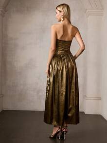MOTF Soiréza ELEGANT GOLD PARTY DRESS ,PLEATED BODICE TRIM MAXI TUBE GOWN, BACK ZIPPER, FORM-FITTING WAIST-CINCHING SILHOUETTE , IDEAL FOR PARTIES, GALAS, NEW YEAR'S EVE & FORMAL EVENTS - Gold - View 3