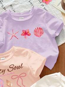 3pcs Chill Vacation Tropical Hibiscus, Frangipani, Starfish & Seashell Beach Print Casual Round Neck Short Sleeve Basic T-Shirts For Young Girls, Suitable For Spring/Summer, White, Pink, Purple - Multicolor - View 4