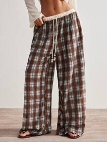 Bohemela Women's Casual Loose Fit Plaid Wide Leg Pants - Blue - View 2