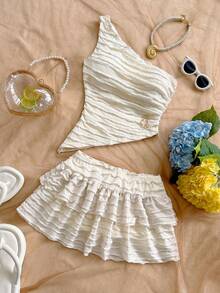 Soleia 2 Stück/Set Urlaubs Damen asymmetrischer Saum Crop Top mit Metall Dekor und geschichteter Rüschen Mini Rock, Bohemian, Boho, romantisch florales, Urlaubs, floraler Stil für Party, Date, Valentinstag, Musikfestival, Karneval, Nachmittagstee, Strand, Kreuzfahrt, Städtereise, Hochzeitssaison, Metall Accessoires, Sommer Outfit - Aprikosenfarben - Übersicht 4