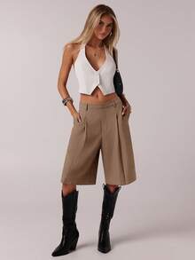 SHEIN Forever 21 Women's Simple Casual Commuter Khaki Bermuda Shorts, Summer Work Business - Mocha Brown - View 3
