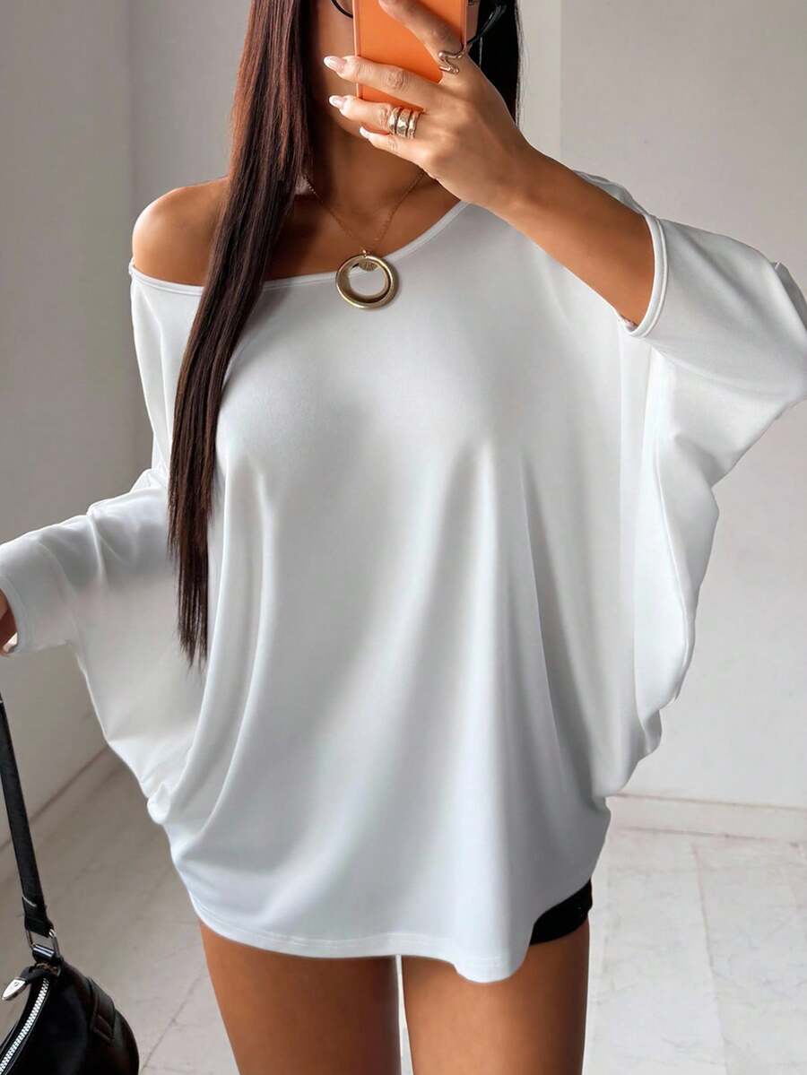 SHEIN EZwear 女士休闲不对称领长袖针织T恤，白色 - 白色 - 查看 1