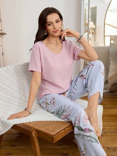 Contrast Floral Print Bow Tie Waist V-Neck Short Sleeve Pajama Set