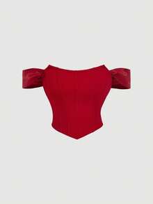 SHEIN MOD Vintage Court Red Off-Shoulder Bardot Top With Organza Panel And Cross Tie, Vintage Romantic, Wedding Wear, Garden Tea Party, Date, Party, Women's Summer And Spring Wear, Spring Break, Vacation, Picnic, Festival, Birthday. Red Off Shoulder Top Corset Top Off Shoulder Top Red Corset Top Red Top - Red - View 8