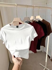 SHEIN Tall CURVE Plus Size 4-Piece Set Solid Color Cropped Round Neck Short Sleeve Fitted Women T-Shirt, Suitable For Summer - Multicolor - View 2