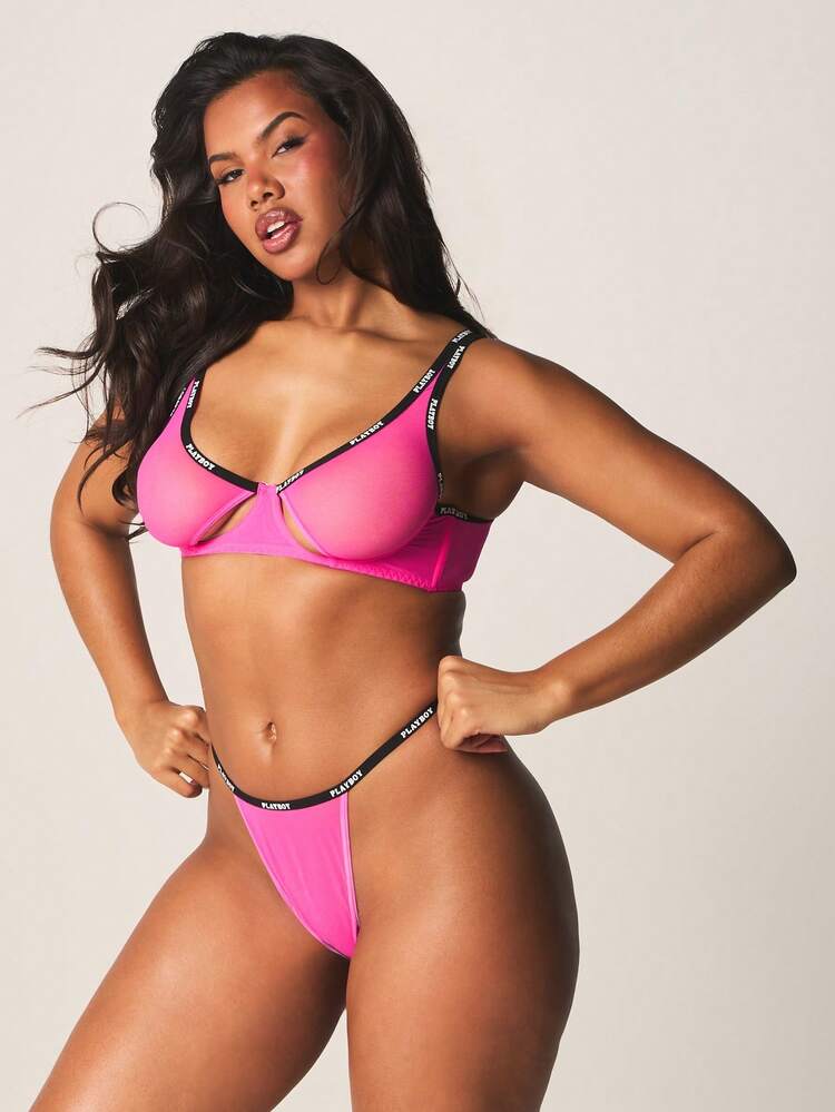 Missguided x Playboy Mesh Bralette And Thong Set With Cut Out Detail Contrast Elastic Tape Trim Intimate Lingerie Collection