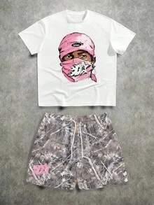 Manfinity ZONE917 Plus Size Men Street Style Pink Camo Print Graphic Hoodie Set Camouflage Shorts Set - Multicolor - View 1