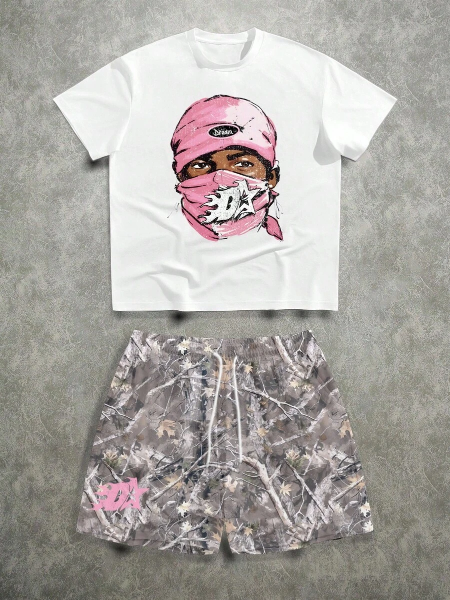 Manfinity ZONE917 Plus Size Men Street Style Pink Camo Print Graphic Hoodie Set Camouflage Shorts Set - Multicolor - View 1