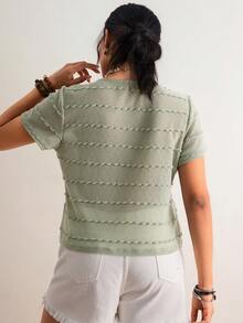 Freevana Blusa casual da donna taglie forti con maniche corte, arricciatura sul davanti e laccio frontale, in colore unito - Verde - Visualizzare 2