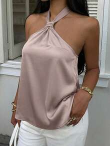 MainGRL Old Money Sleeveless Satin Camisole Top, Regular Hem, Solid Color Design, Cold Shoulder Top - Khaki - View 5
