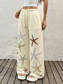 SHEIN EZwear Summer Women's Drawstring Waist Pocket Starfish Print Loose Wide Leg Sweatpants,  Beach Pants For Women Vacation Pants - Multicolor - View 3