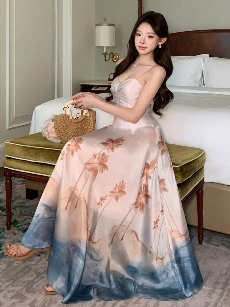 Ombre Tie-Dye Ocean, Coconut Tree & Floral Print Spaghetti Strap Dress, Suitable For Valentine's Day, Wedding, Party, Formal Occasion, Fashion, Elegant, Waist-Cinching, Flared Dress, Vacation, Sweet Lady Midi Dress Sundress Summer