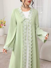 Al Najma 2-Tone Floral Trim Front Tie Light Green Robe With Headscarf - Green - View 2