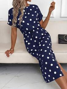 SHEIN Clasi 女士秋季新款蝙蝠袖波点连衣裙，黑白配色，适合日常通勤及多种场合 - 藏蓝色 - 查看 7