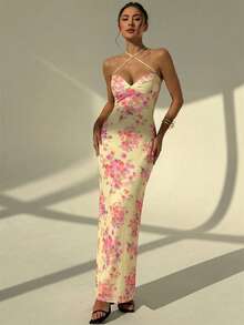 Aloruh Women's Sexy Elegant Floral Print Backless Tie Strap Fitted Dress, Vacation Style - Multicolor - View 6