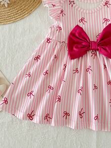 SHEIN 新生女宝宝可爱休闲假日蝴蝶结条纹短袖连衣裙 - 粉色 - 查看 5